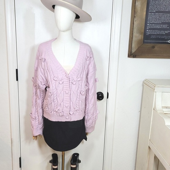 CIDER Pink Cable Knit Bow Button Cardigan Sweater Medium Cottagecore Coquette - Picture 1 of 7